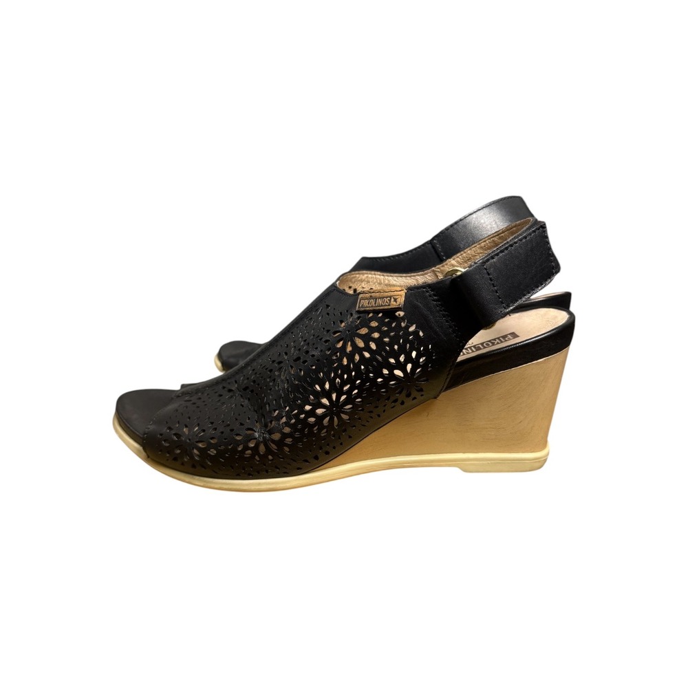 Pikolinos Womens Black Leather Laser Cut Floral Wedge Sandals Size 39 EU